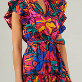 RAINBOW TROPICS FLORAL RUFFLE MINI DRESS