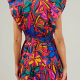 RAINBOW TROPICS FLORAL RUFFLE MINI DRESS