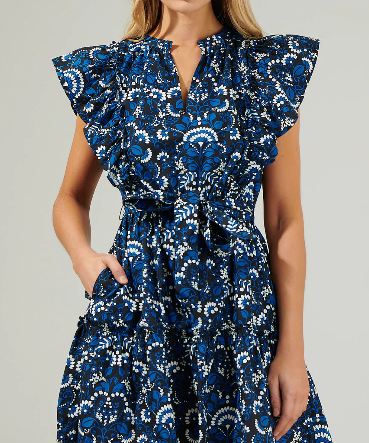 NAVY FLORAL RUFFLE MINI DRESS
