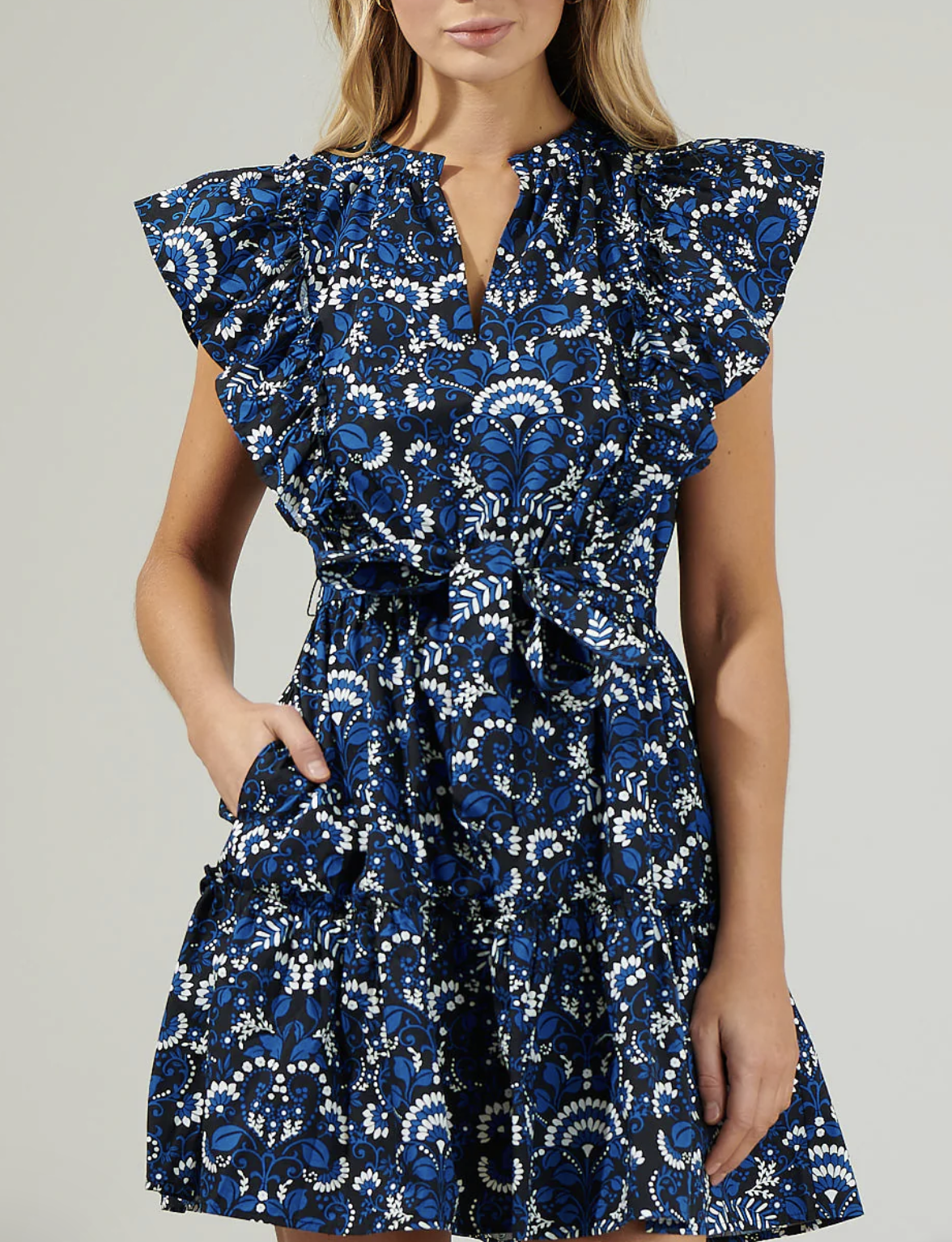 NAVY FLORAL RUFFLE MINI DRESS