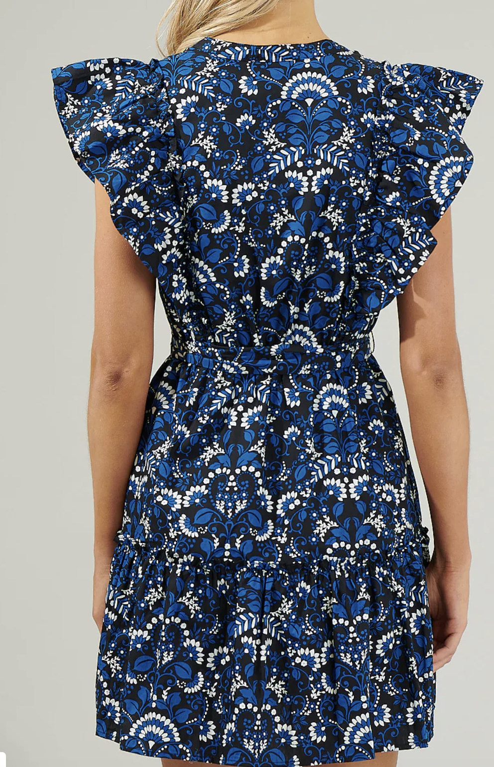NAVY FLORAL RUFFLE MINI DRESS