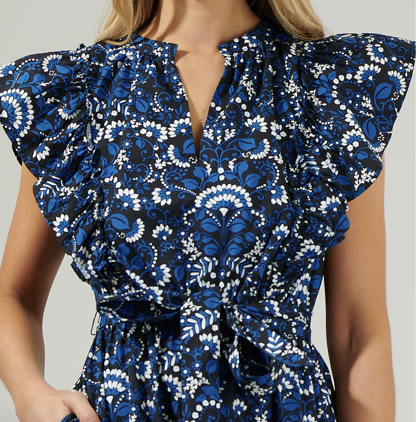 NAVY FLORAL RUFFLE MINI DRESS