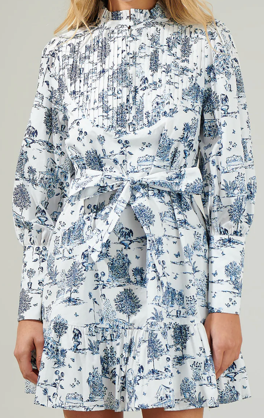 TOILE PINTUCK LSLV MINI DRESS