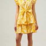 YELLOW WHITE SSLV TIERED MINI DRESS