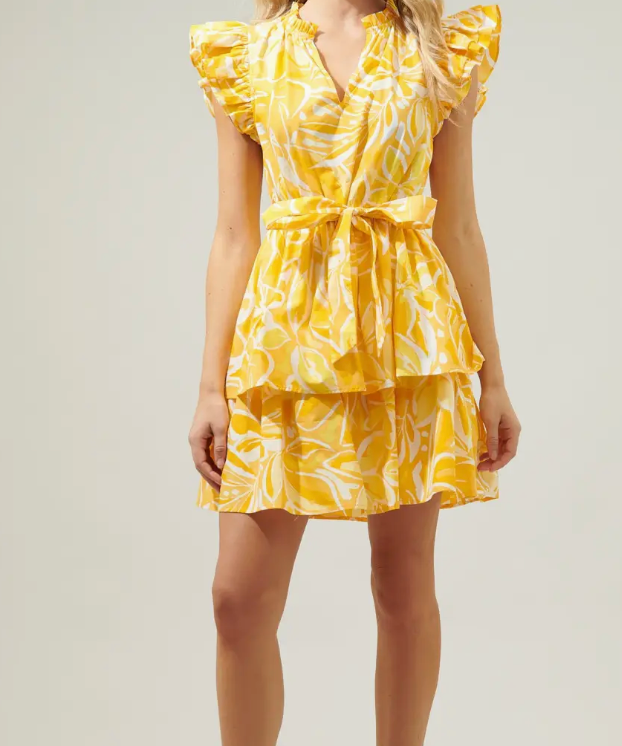 YELLOW WHITE SSLV TIERED MINI DRESS