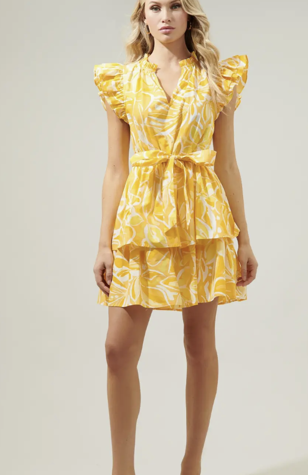 YELLOW WHITE SSLV TIERED MINI DRESS