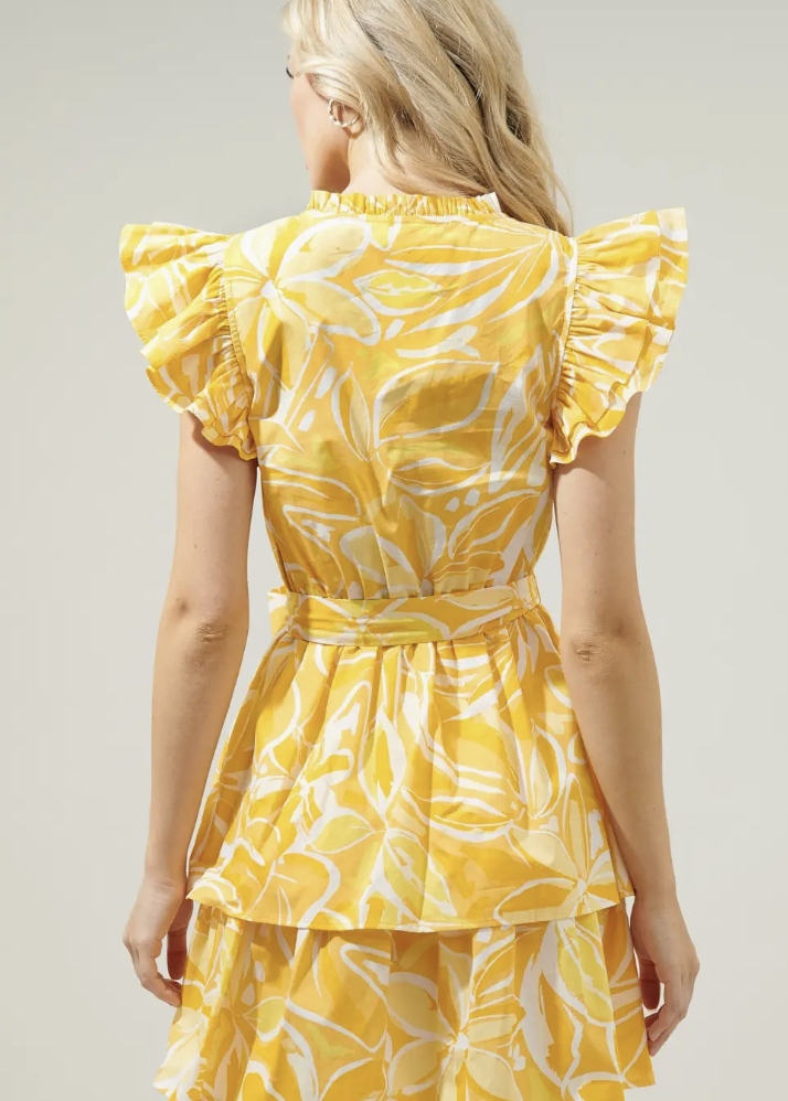 YELLOW WHITE SSLV TIERED MINI DRESS