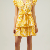 YELLOW WHITE SSLV TIERED MINI DRESS