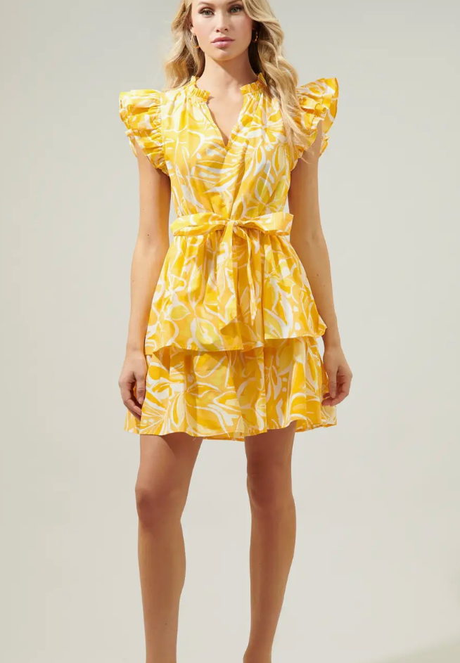 YELLOW WHITE SSLV TIERED MINI DRESS
