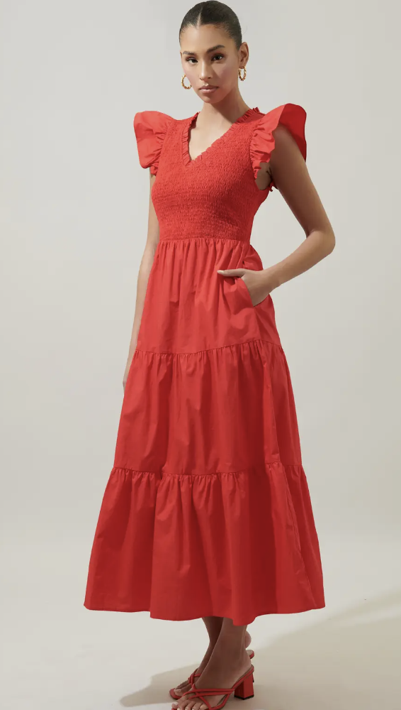 RED SMOCKED BODICE TIERED MIDI DRESS
