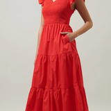 RED SMOCKED BODICE TIERED MIDI DRESS