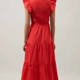 RED SMOCKED BODICE TIERED MIDI DRESS