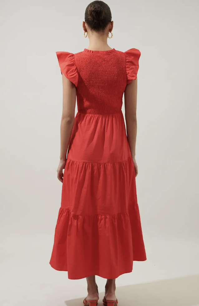 RED SMOCKED BODICE TIERED MIDI DRESS