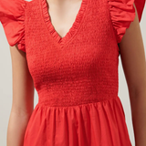 RED SMOCKED BODICE TIERED MIDI DRESS