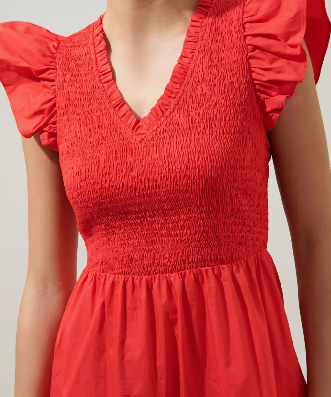 RED SMOCKED BODICE TIERED MIDI DRESS