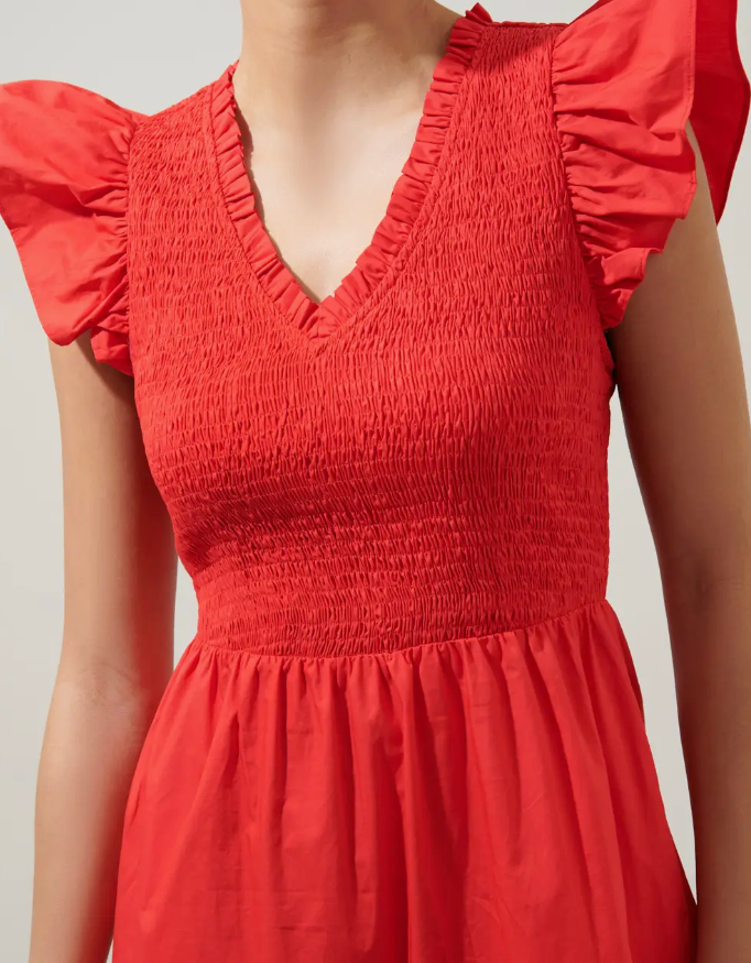 RED SMOCKED BODICE TIERED MIDI DRESS