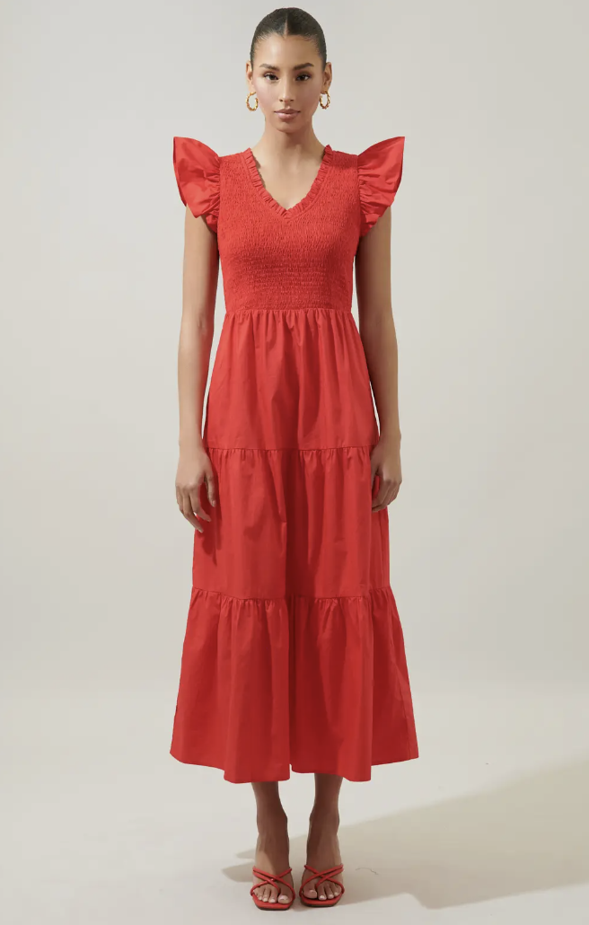 RED SMOCKED BODICE TIERED MIDI DRESS