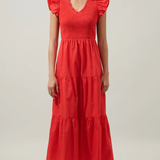 RED SMOCKED BODICE TIERED MIDI DRESS