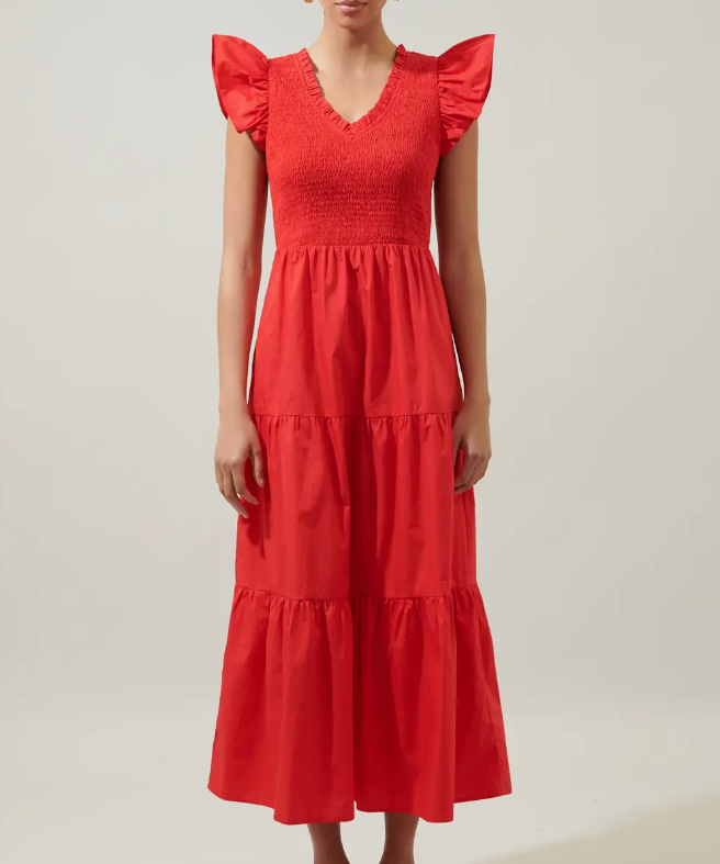 RED SMOCKED BODICE TIERED MIDI DRESS