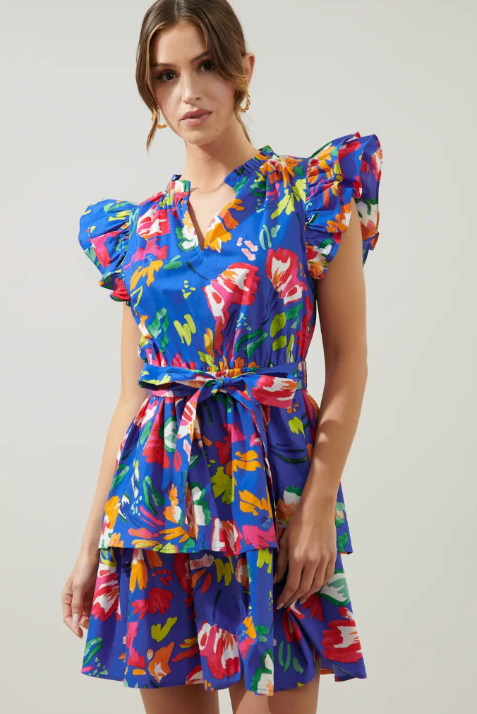FLORAL STROKES TIERED MINI DRESS