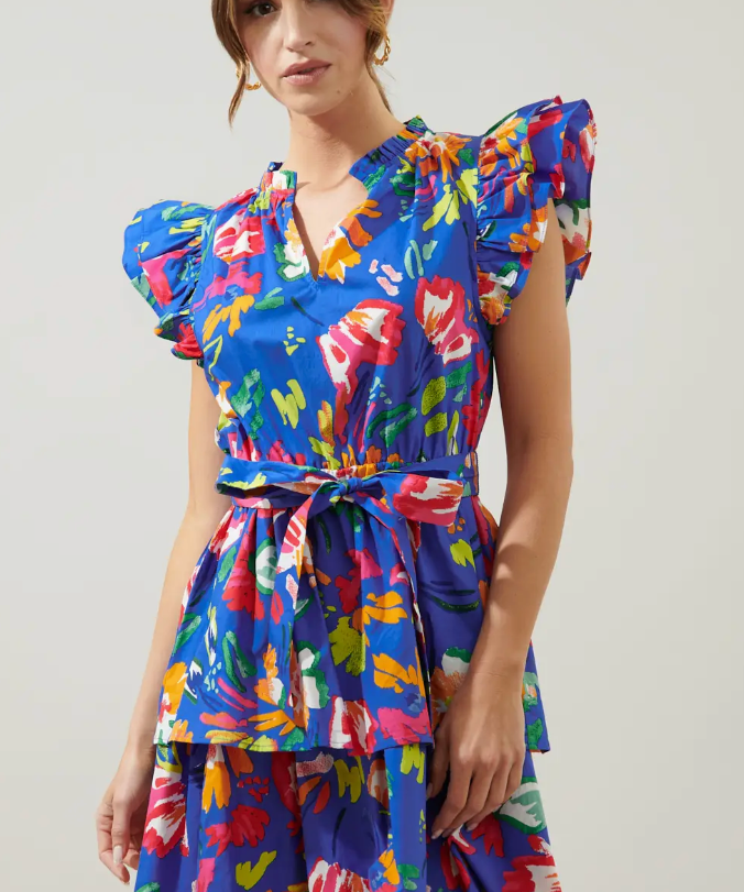 FLORAL STROKES TIERED MINI DRESS