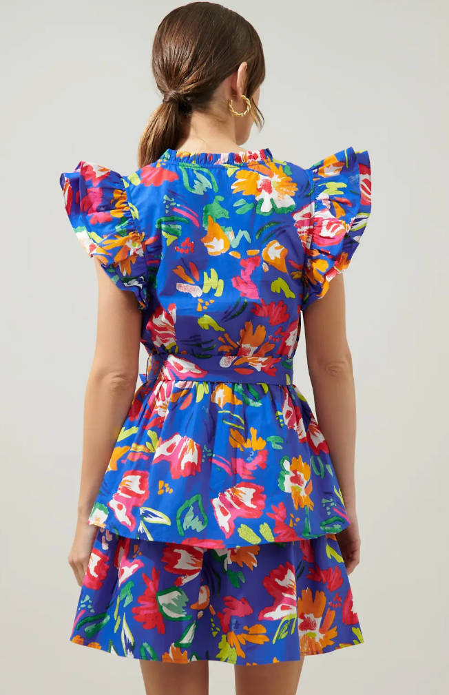 FLORAL STROKES TIERED MINI DRESS