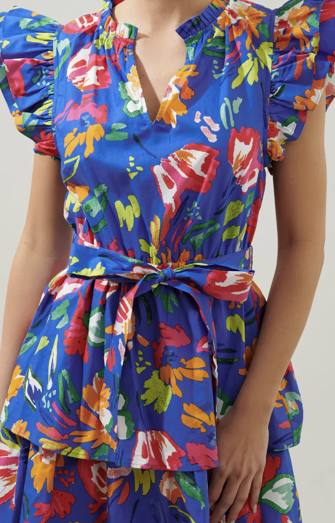 FLORAL STROKES TIERED MINI DRESS