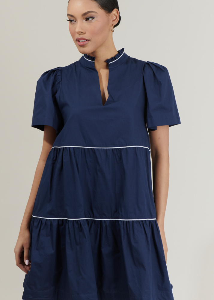 NAVY WITH WHITE PIPING SHIFT MINI DRESS