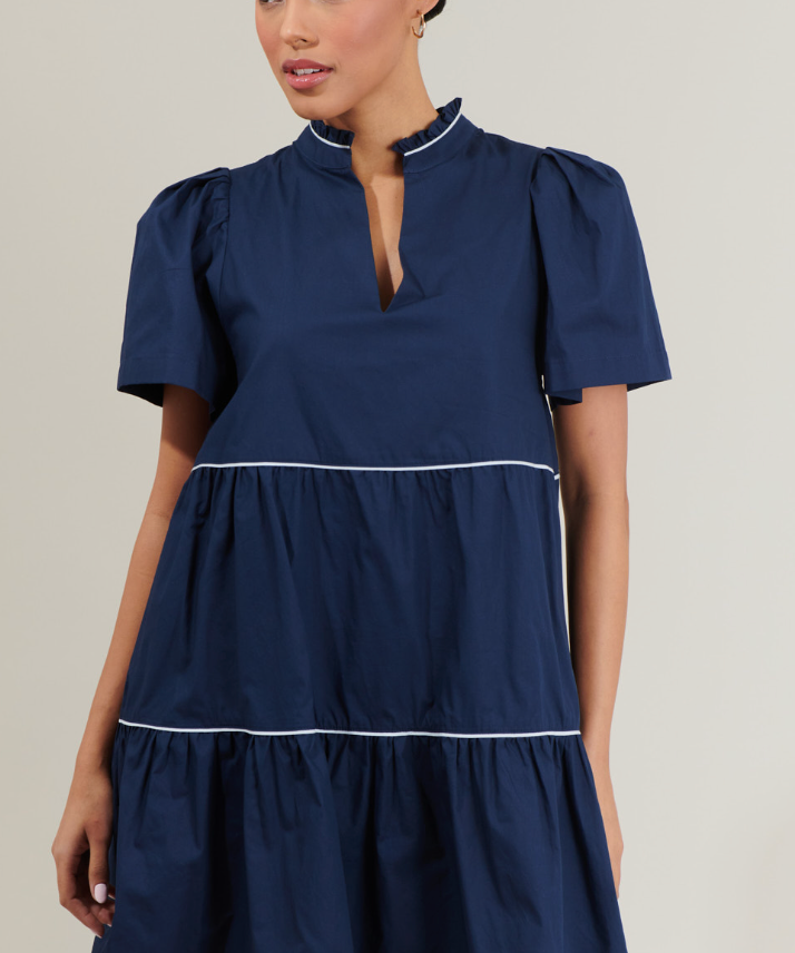 NAVY WITH WHITE PIPING SHIFT MINI DRESS