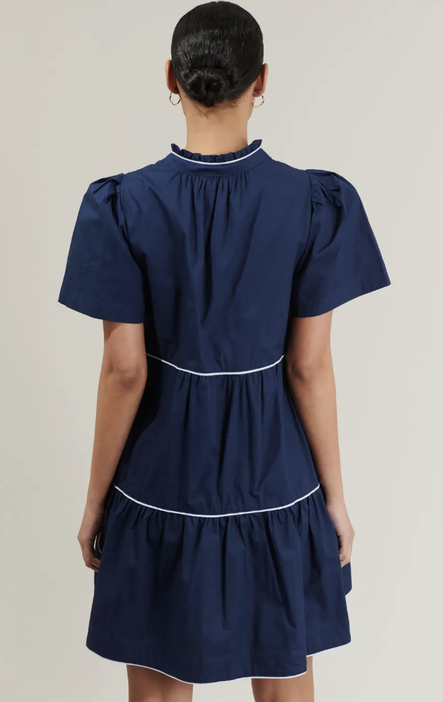 NAVY WITH WHITE PIPING SHIFT MINI DRESS