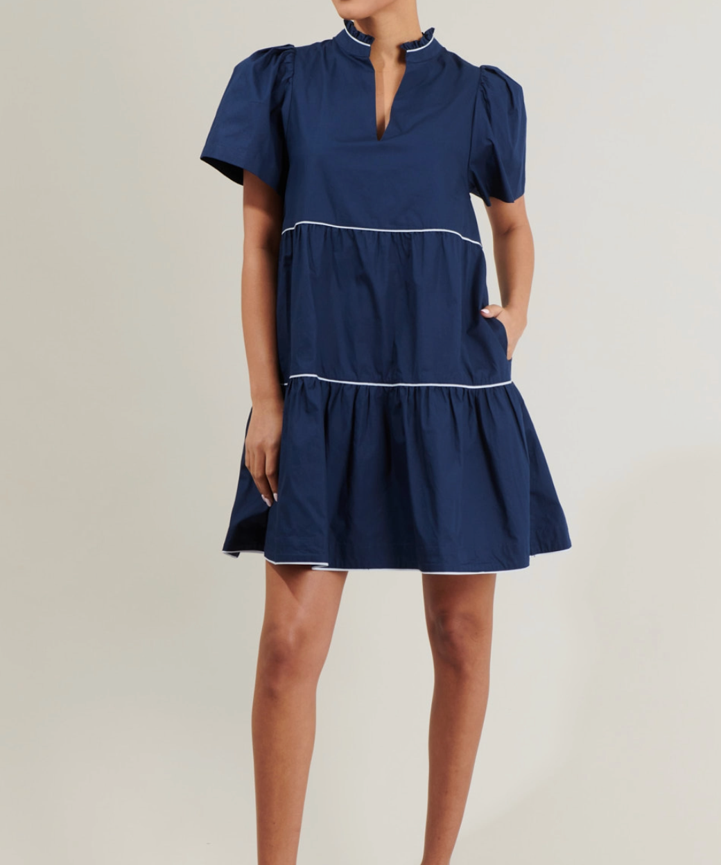 NAVY WITH WHITE PIPING SHIFT MINI DRESS