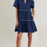 NAVY WITH WHITE PIPING SHIFT MINI DRESS