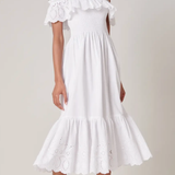 WHITE SMOCKED EYELET MIDI DRESS