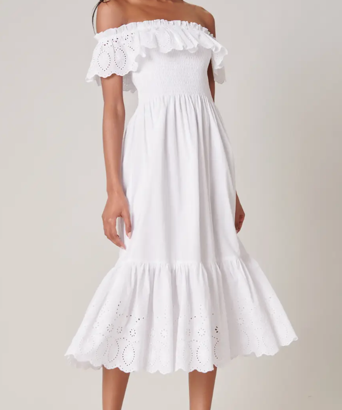 WHITE SMOCKED EYELET MIDI DRESS