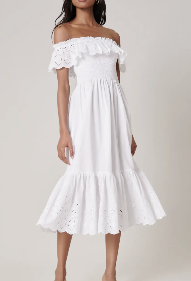 WHITE SMOCKED EYELET MIDI DRESS