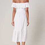 WHITE SMOCKED EYELET MIDI DRESS