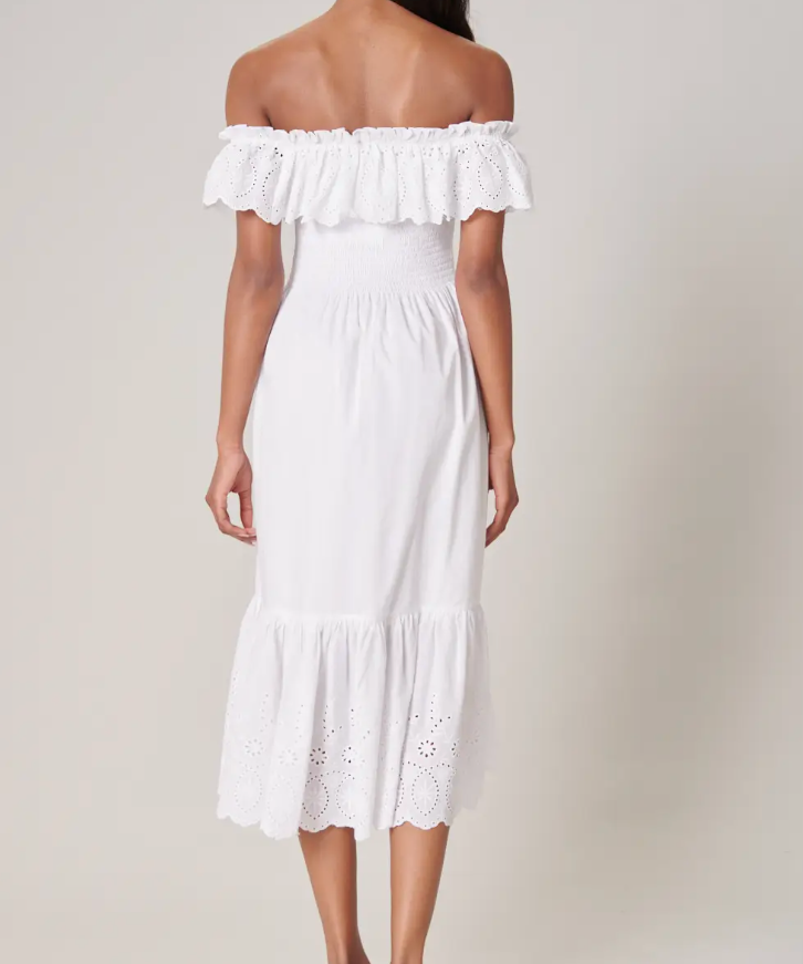 WHITE SMOCKED EYELET MIDI DRESS
