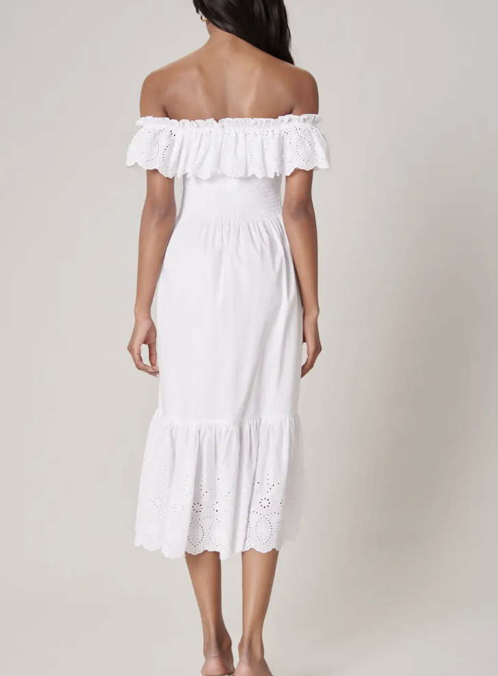 WHITE SMOCKED EYELET MIDI DRESS