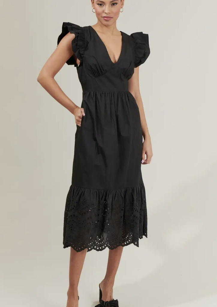 BLACK POPLIN EYELET MIDI DRESS