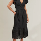 BLACK POPLIN EYELET MIDI DRESS