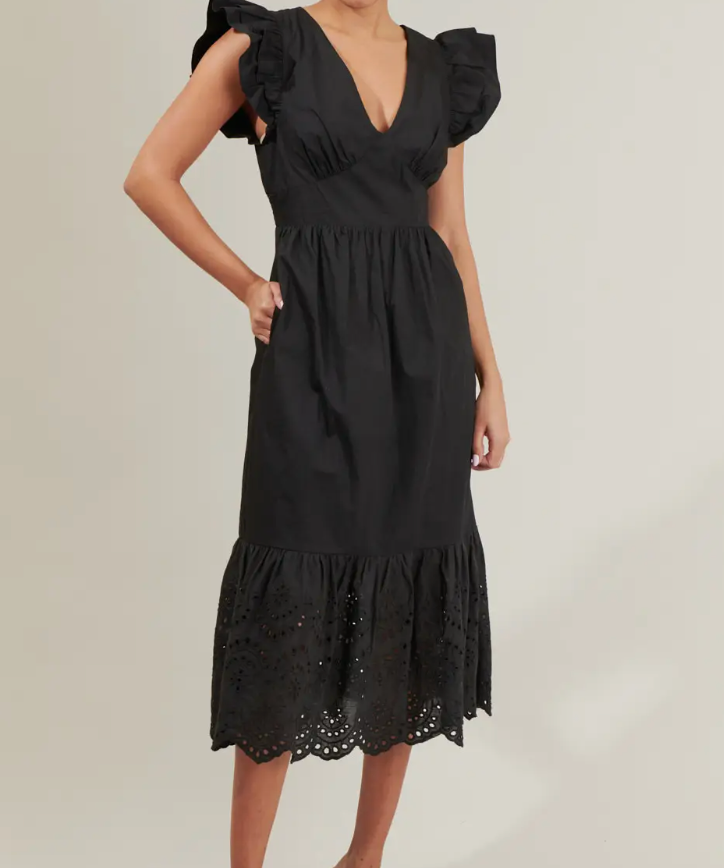 BLACK POPLIN EYELET MIDI DRESS