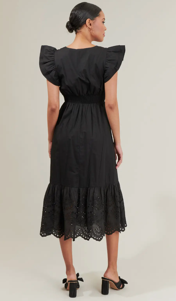 BLACK POPLIN EYELET MIDI DRESS