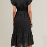 BLACK POPLIN EYELET MIDI DRESS