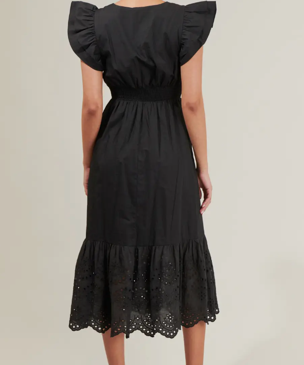 BLACK POPLIN EYELET MIDI DRESS