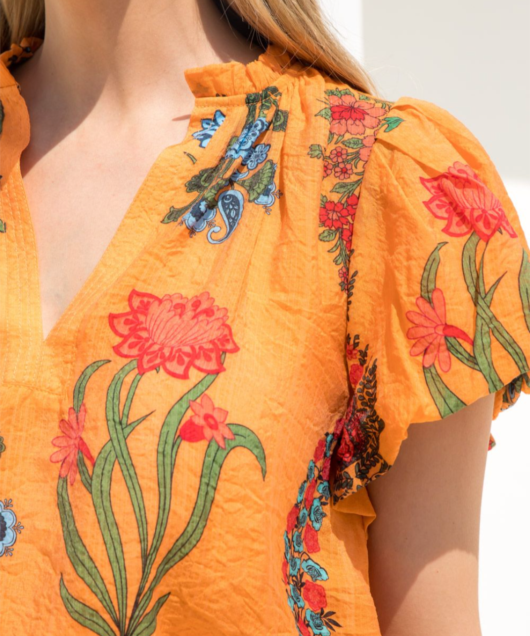 ORANGE PUFF SLEEVE FLORAL TOP