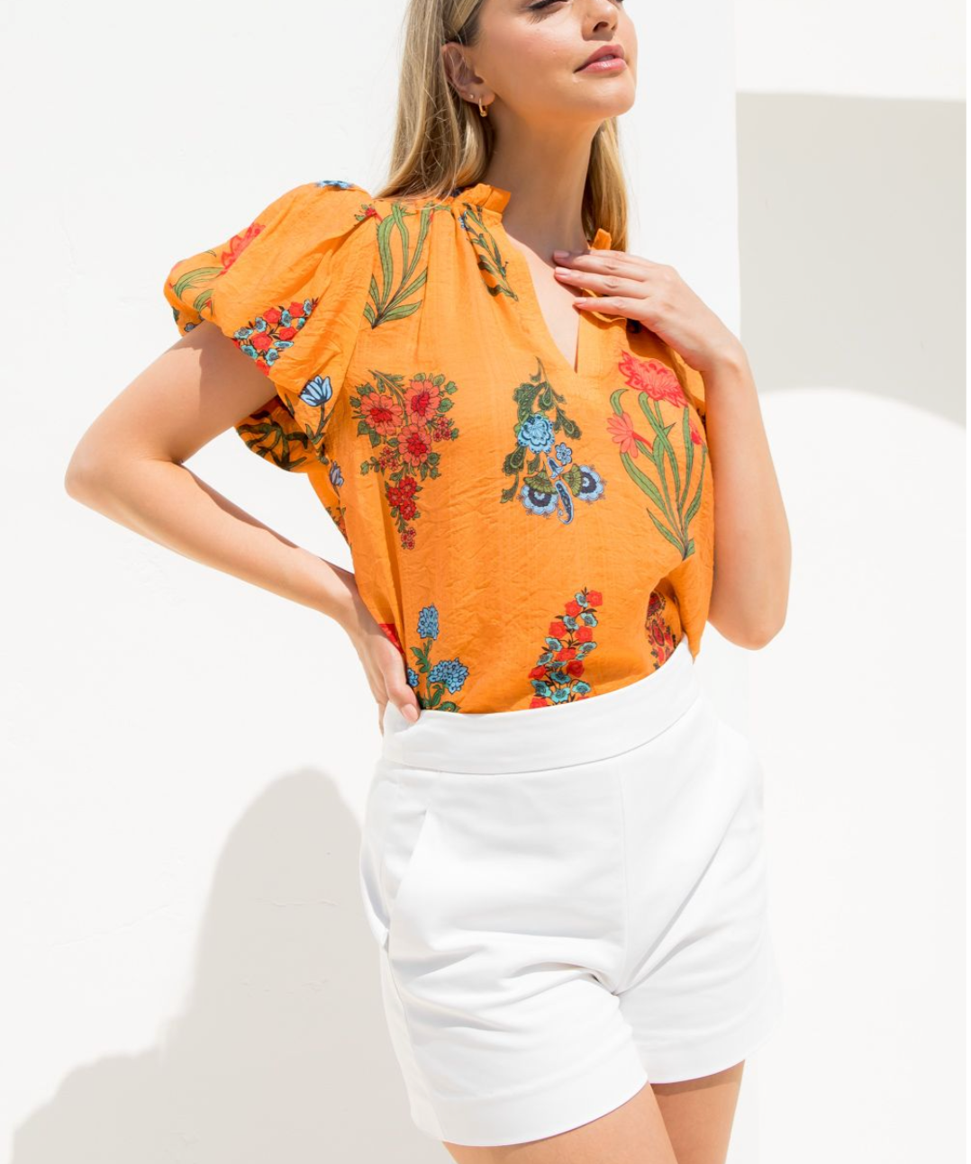 ORANGE PUFF SLEEVE FLORAL TOP