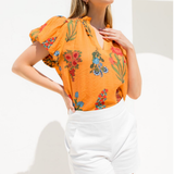 ORANGE PUFF SLEEVE FLORAL TOP