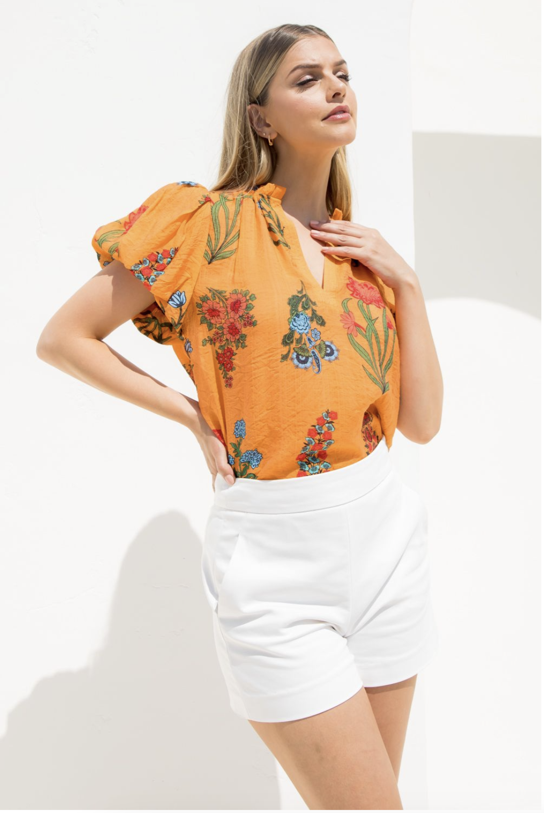 ORANGE PUFF SLEEVE FLORAL TOP