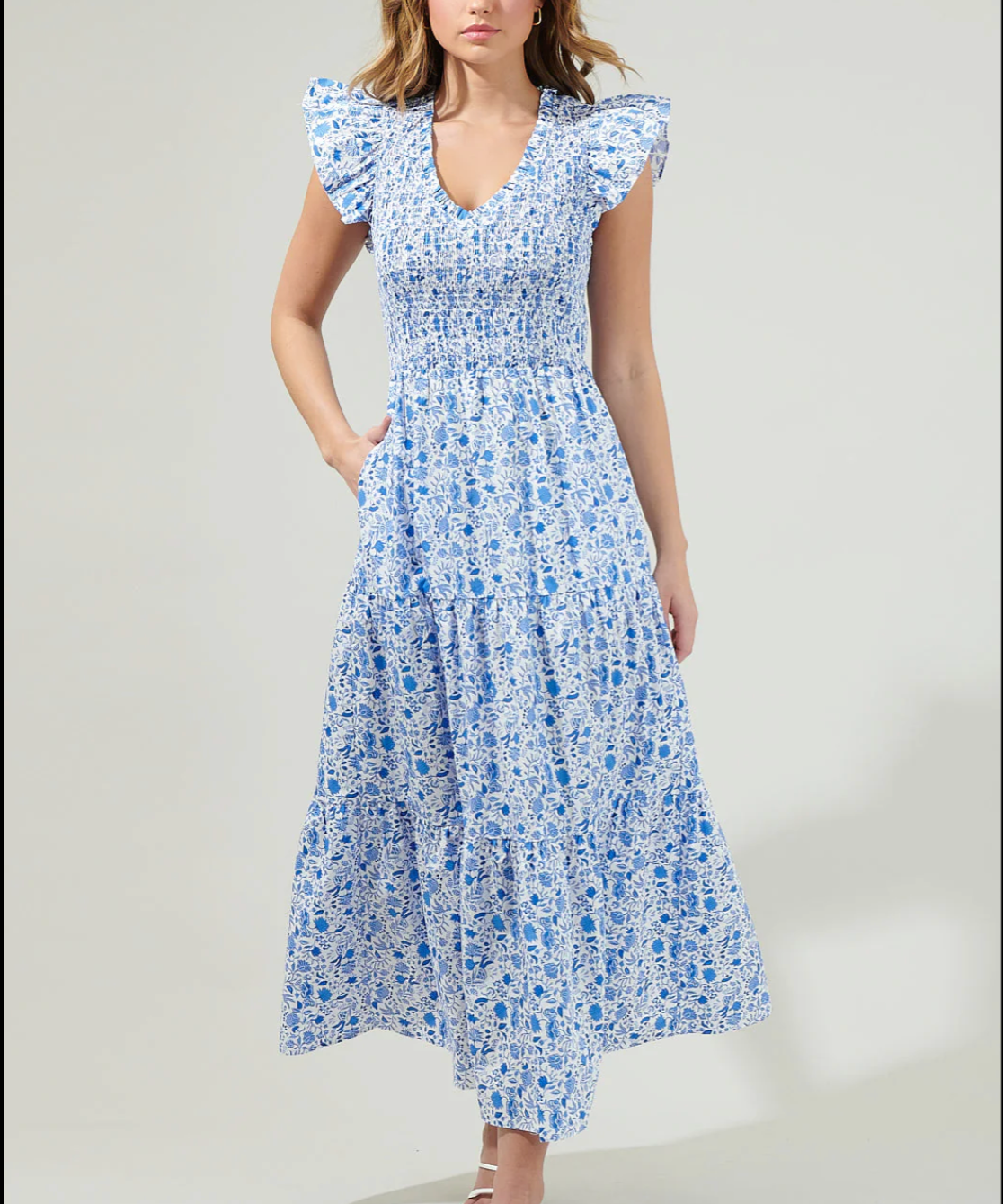 SUNFIRE SMOCKED TIERED MIDI DRESS