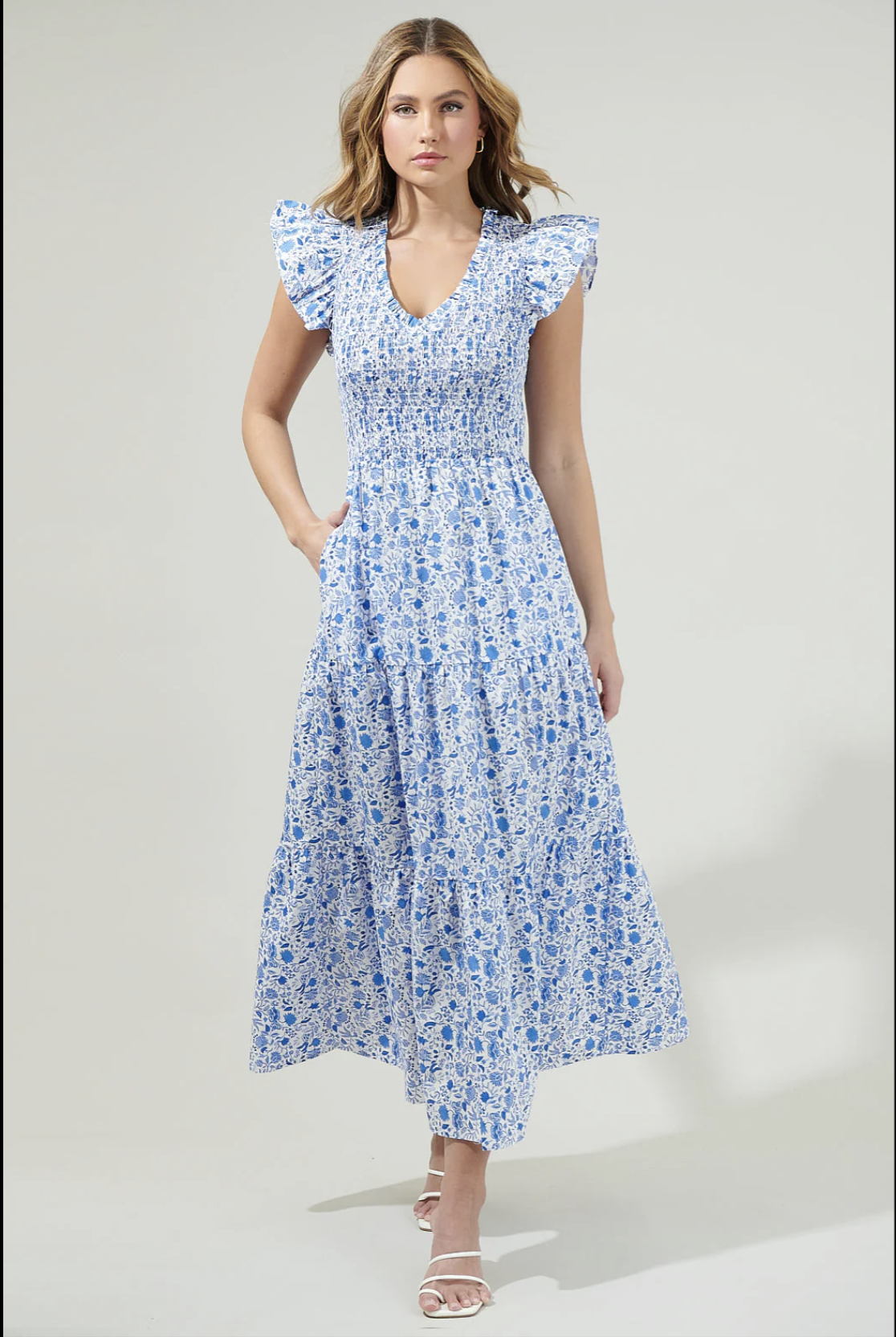 SUNFIRE SMOCKED TIERED MIDI DRESS